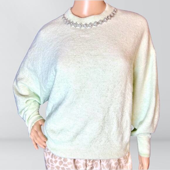 H&M Seafoam Green Rhinestone & Pearl Collar Sweater - Picture 1 of 4